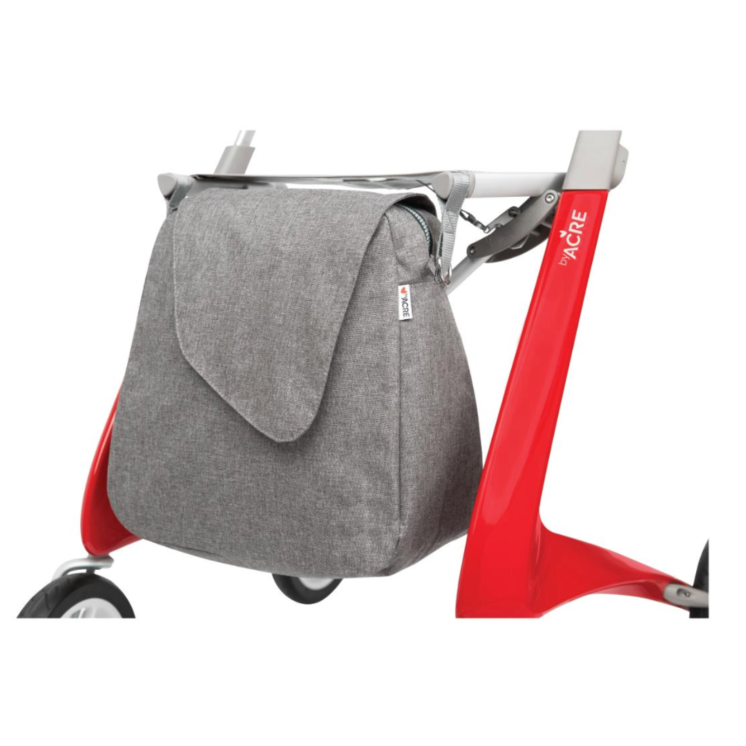 The ByAcre Accessories for the Ultralight Carbon Fiber Rollators feature a stylish red and gray design with smooth curved supports, small wheels for easy mobility, and a large gray fabric bag on the front, combining functionality with fashion.